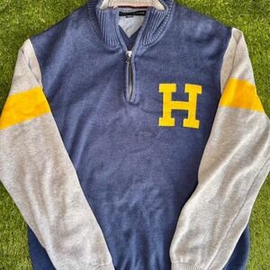 Tommy Hilfiger Sweatshirt Mens XL Blue Gray Quarter Zip Varsity H Colorblock